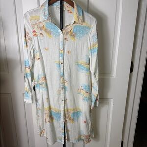 Calypso St. Barth White Blue Button-Down Shirt Dress Coverup Coastal Print Med